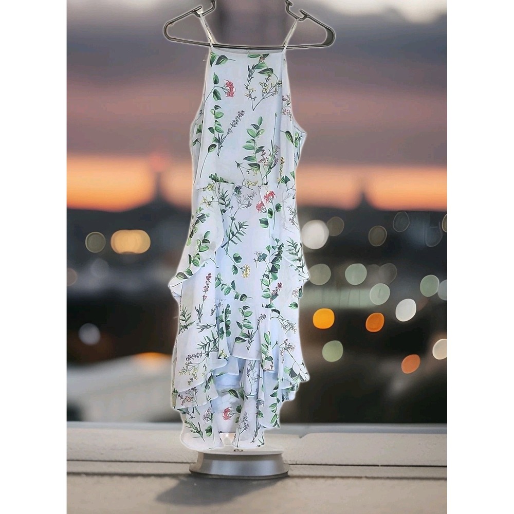 Banana Republic Light Blue Floral Chiffon Hi-Low Dress 10 Tiered Ruffle Halter